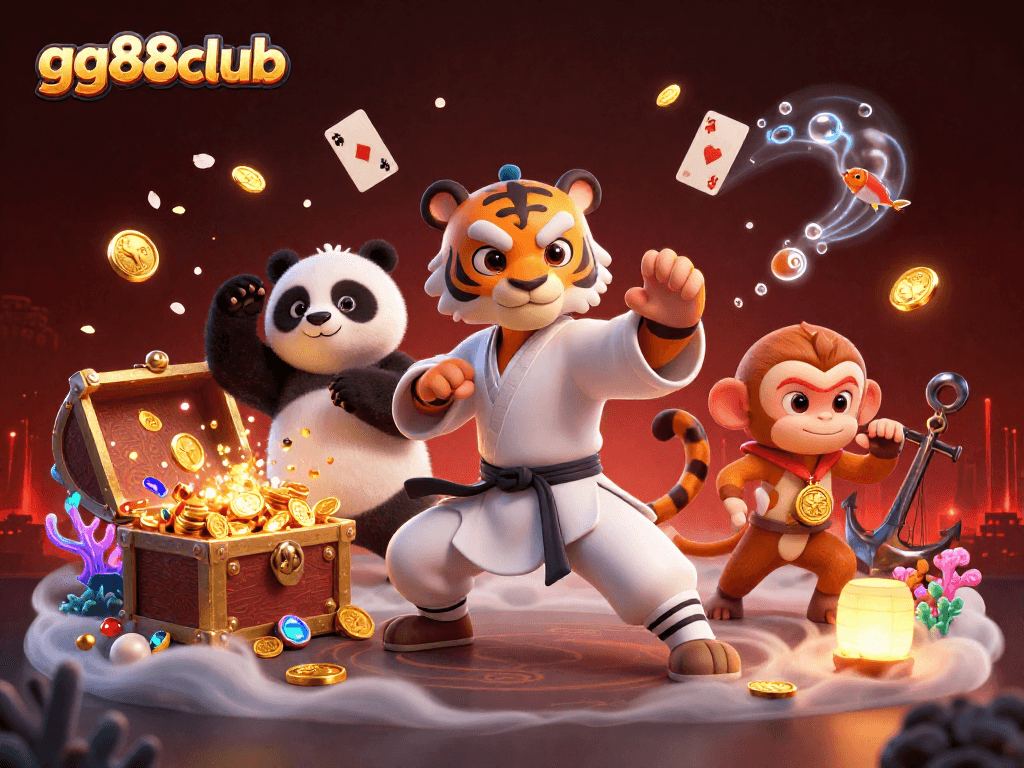 Win big at gg88club with a vibrant 3D scene featuring a kung fu tiger, panda disciple, and a monkey stealing gold.