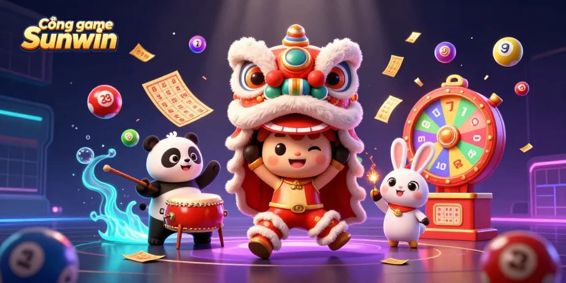 Cổng game Sunwin showcases excitement with a vibrant scene filled with colorful lottery balls and festive characters.
