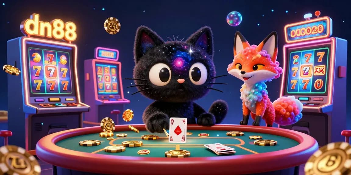 Engage with dn88's thrilling casino scene featuring a black hole cat and vibrant slot machines.