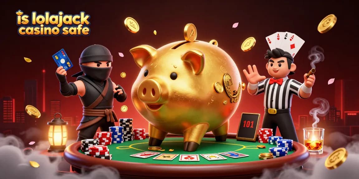 Engage with the vibrant scene showcasing "is lolajack casino safe" featuring a playful sumo wrestler piggy bank and gaming elements.