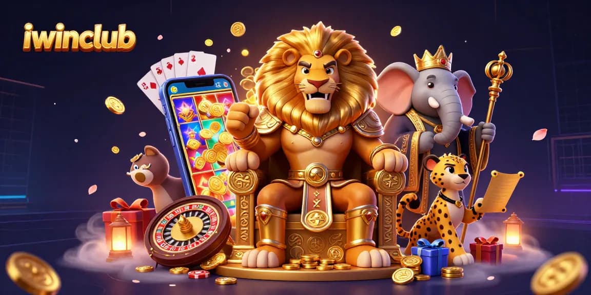 Join the excitement on iwinclub with a fierce lion king and dynamic casino elements in this vibrant 3D scene.