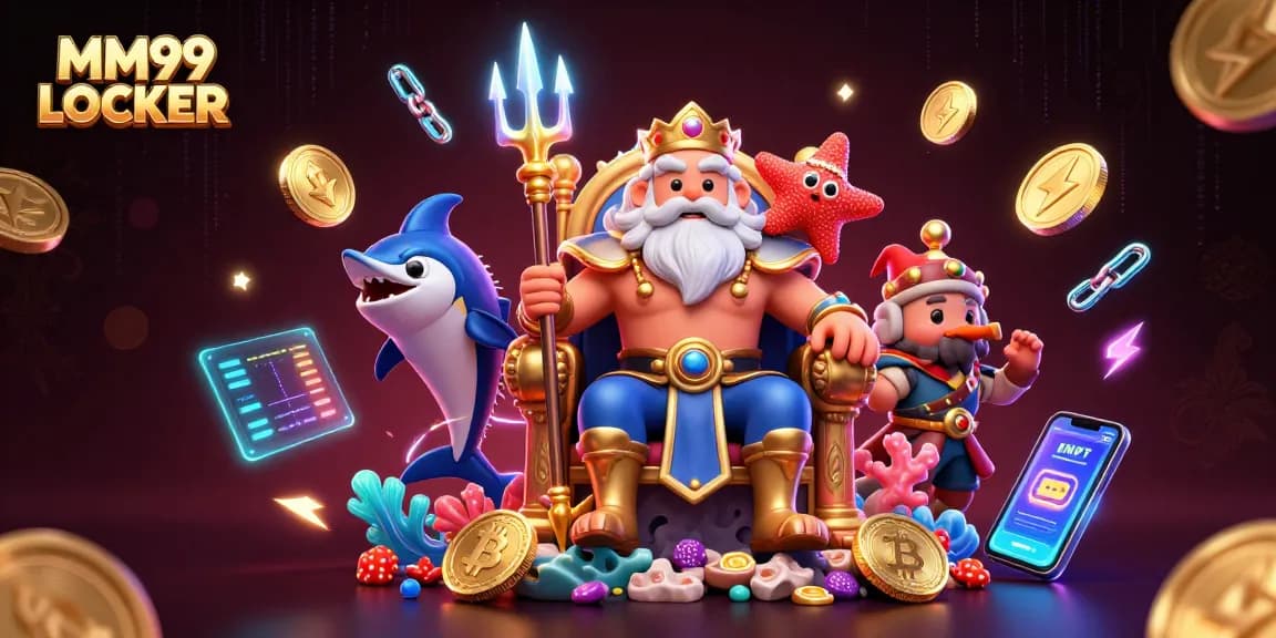 Experience MM99 LOCKER with Neptune and a swordfish samurai in this vibrant 3D casino scene.