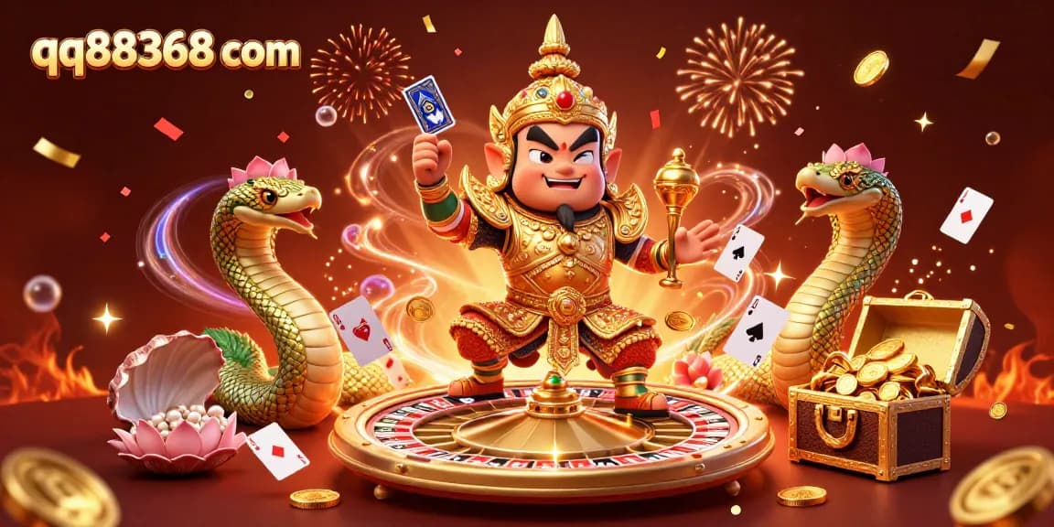 Experience thrilling gameplay at qq88368 com with vibrant casino-themed illustration featuring gaming elements and guardians.