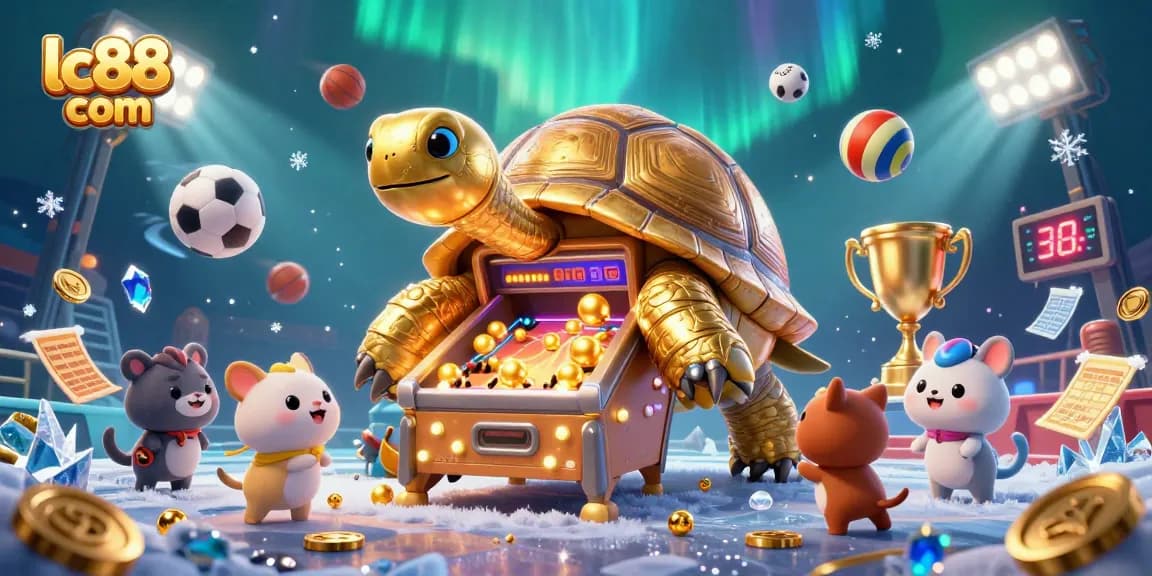 Experience excitement with lc88 com as cartoon tortoise plays in a vibrant casino scene