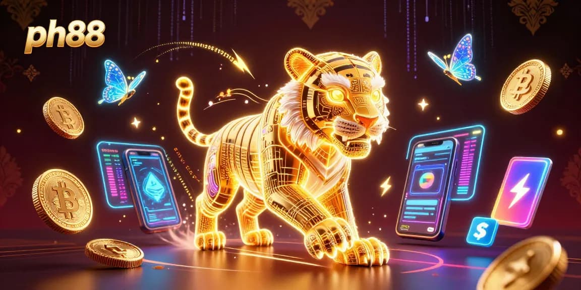 Experience thrilling bets at ph88, featuring a vibrant casino landscape with glowing crypto coins and dynamic characters.