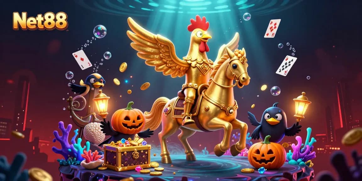 Experience the vibrant world of Net88 with a golden rooster character emerging from a mystical casino.