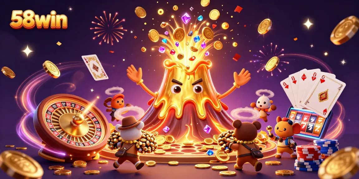Experience the dynamic excitement of 58win with vibrant treasures flying from the golden volcano.