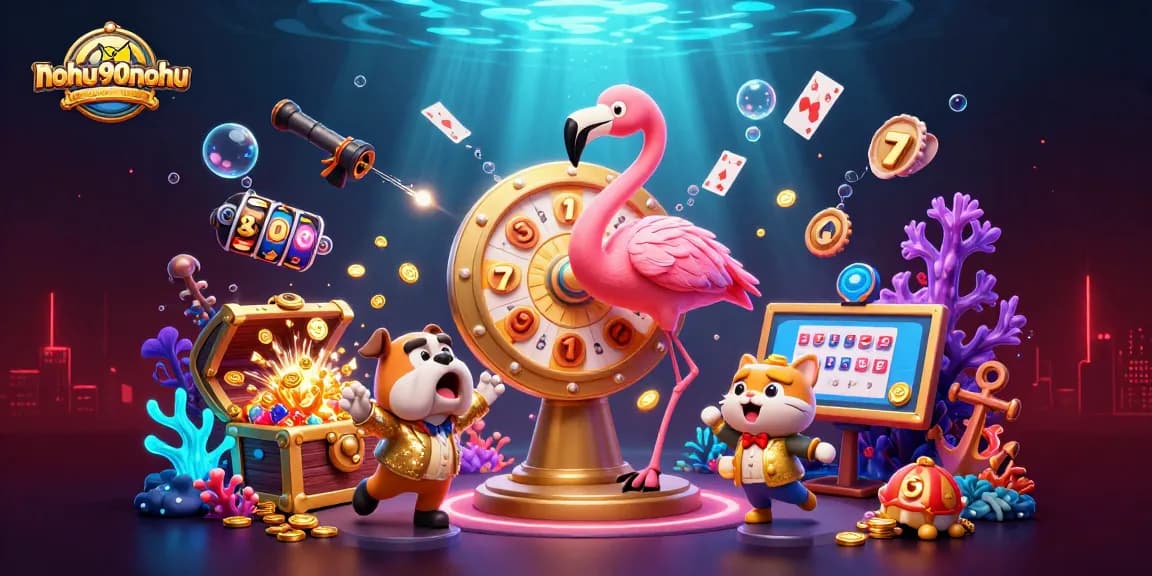 Join the excitement at nohu90nohu with a vibrant 3D illustration of a game show host, contestants, and thrilling gaming elements.