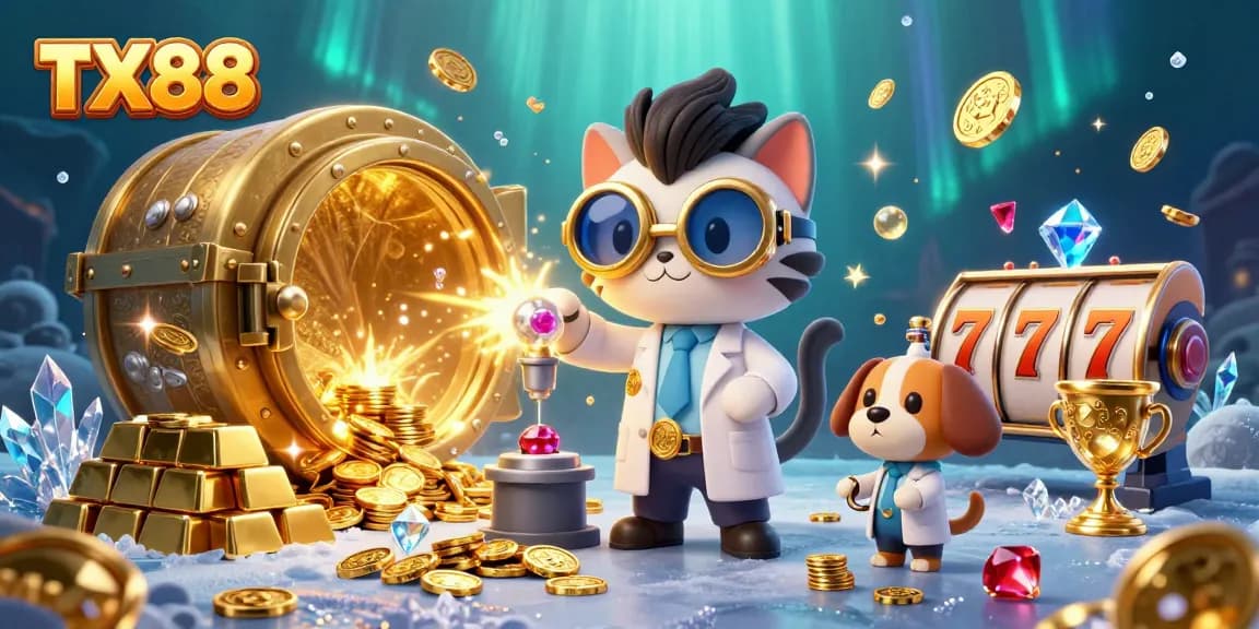 Spin TX88 slot reels as the mad scientist and dog create a golden treasure explosion.