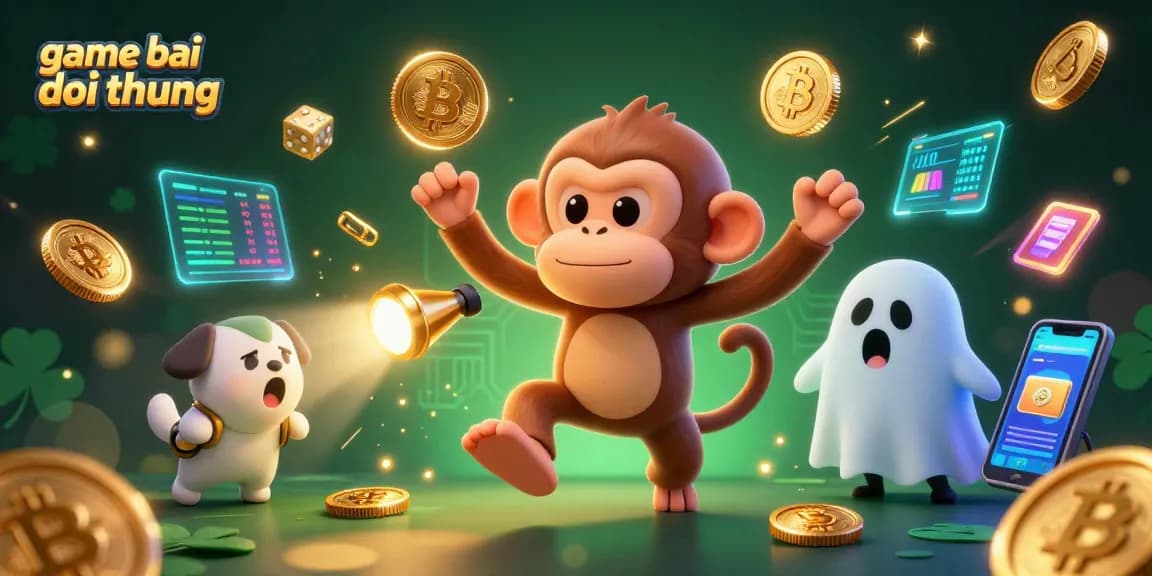 Experience the thrill of game bai doi thuong in a dynamic casino scene with playful characters and shining crypto coins.