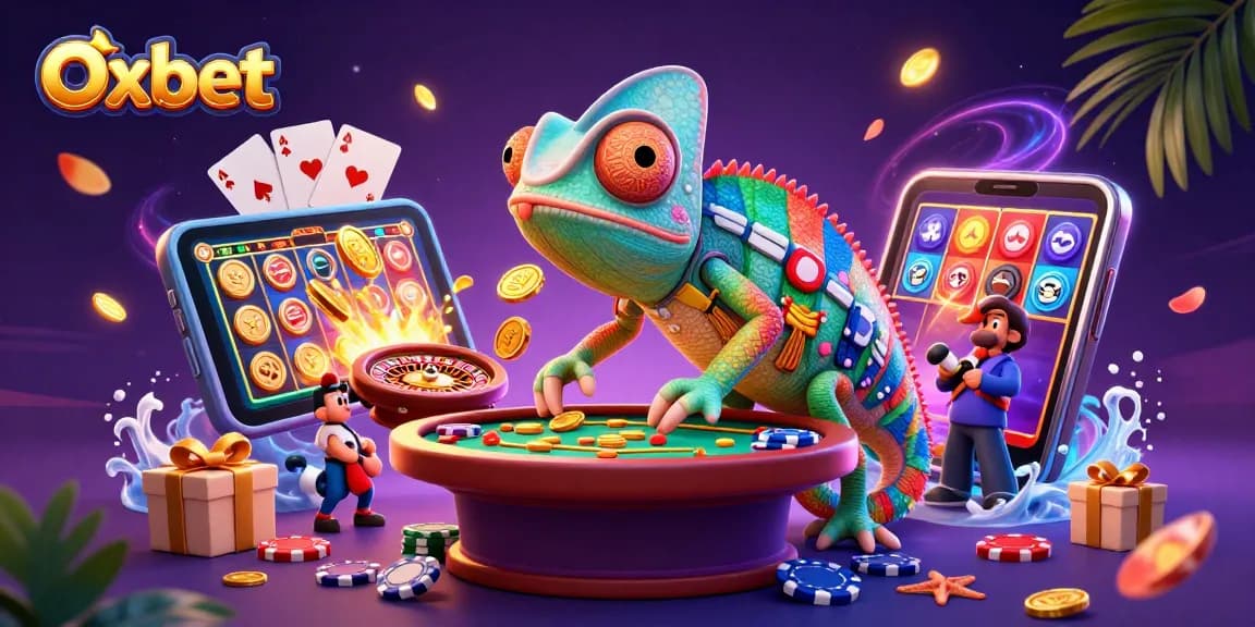 Engage with Oxbet's vibrant casino scene showcasing a chameleon owner enjoying dynamic gaming elements.