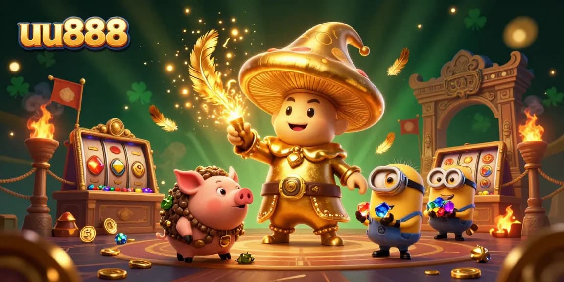 uu888 casino illustration showcasing a magical golden mushroom wizard with treasures and slot machines.