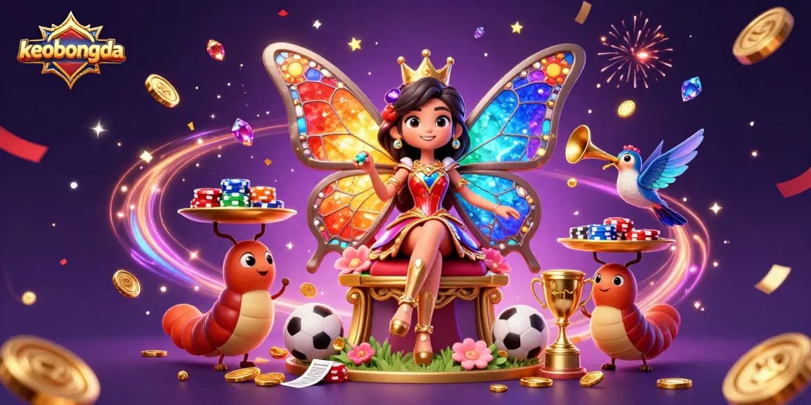 Engage with keobongda's captivating sports betting scene, showcasing a whimsical butterfly queen amidst dazzling game elements.