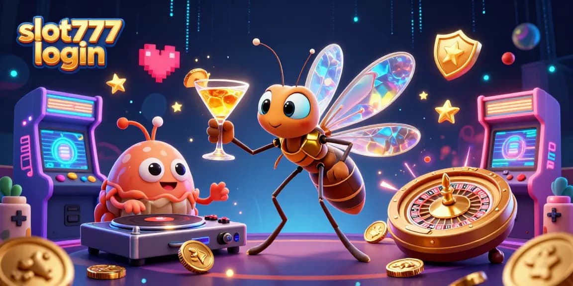 Experience the thrill of slot777 login with a vibrant 3D casino illustration showcasing iconic game elements.