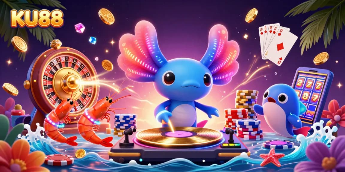 Spin vibrant slots and win at KU88 with a neon DJ and lively colorful casino elements.