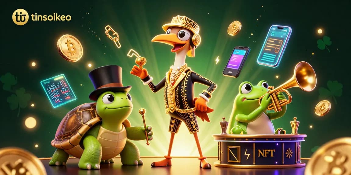 Bet on tinsoikeo with dynamic characters and crypto symbols in an engaging 3D illustration.