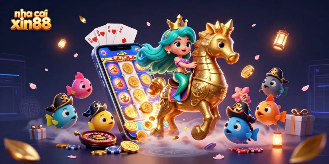 Engage players with thrilling games at nha cai xin88, featuring a colorful gambling scene with vibrant characters and casino elements.