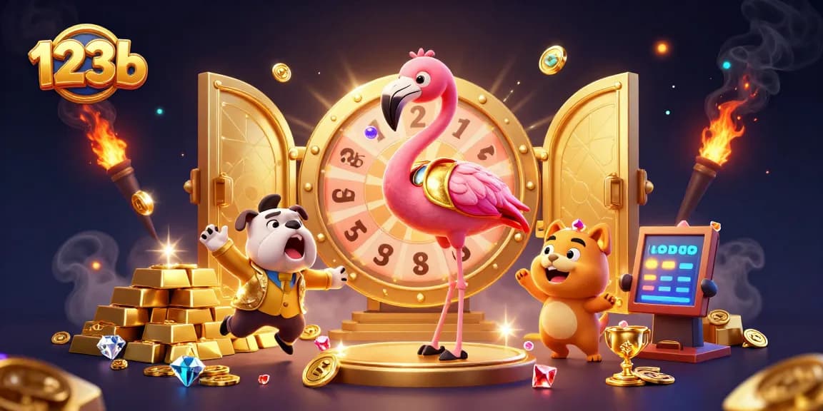 Engaging illustration showcasing 123b with a flamboyant game show host, excited contestant, and prize elements in a vibrant casino setting.