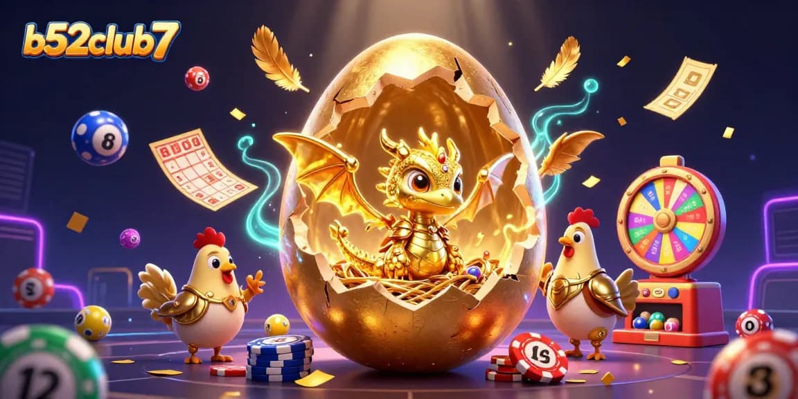 Bets with b52club7 on golden poker chips amid a fantasy casino setting filled with vibrant lottery elements.