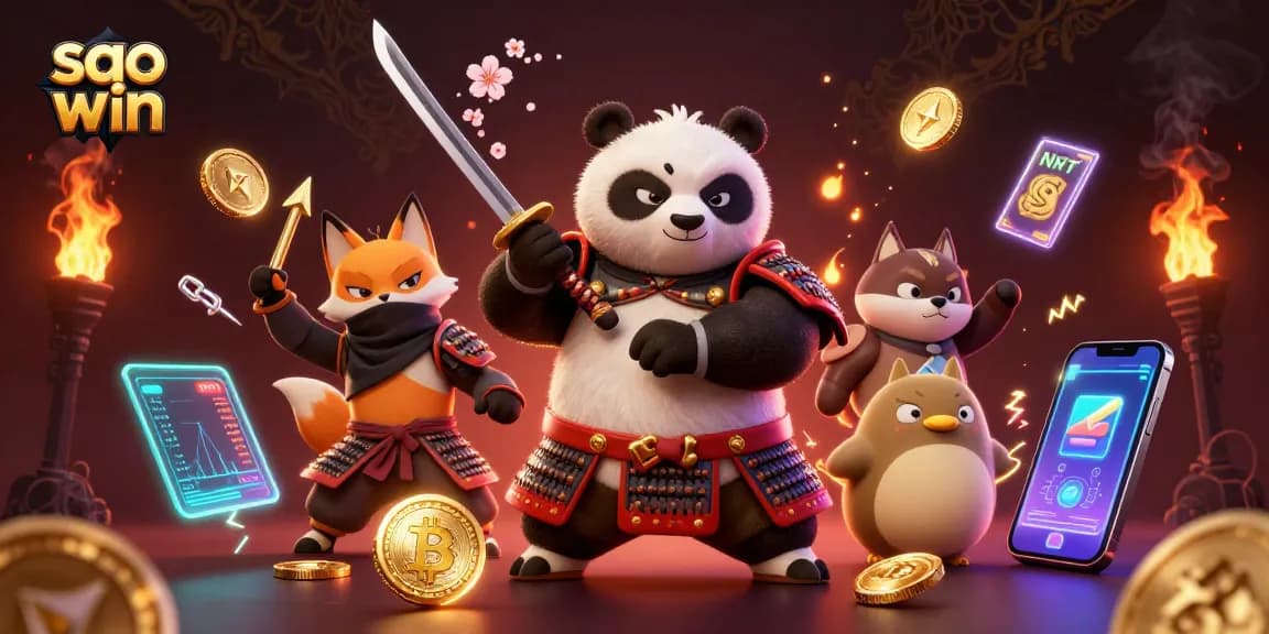 Engage with the thrilling world of sao win, featuring a samurai panda and a ninja fox in a dynamic casino illustration.