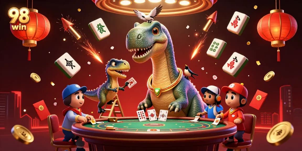Experience thrilling gameplay with 98 win as a dinosaur deals cards at a vibrant casino