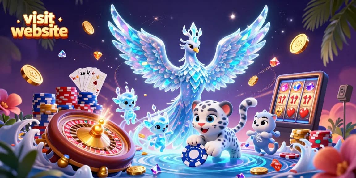 Experience excitement in the dynamic illustration of an ice phoenix, poker chip, and magical sprites, visit website for top casino action.