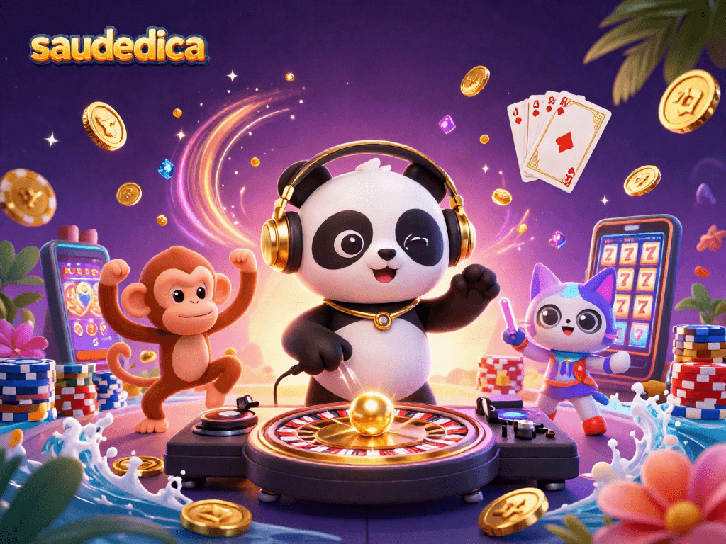 Experience the excitement of saudedica with a dynamic 3D casino party scene featuring vibrant characters.