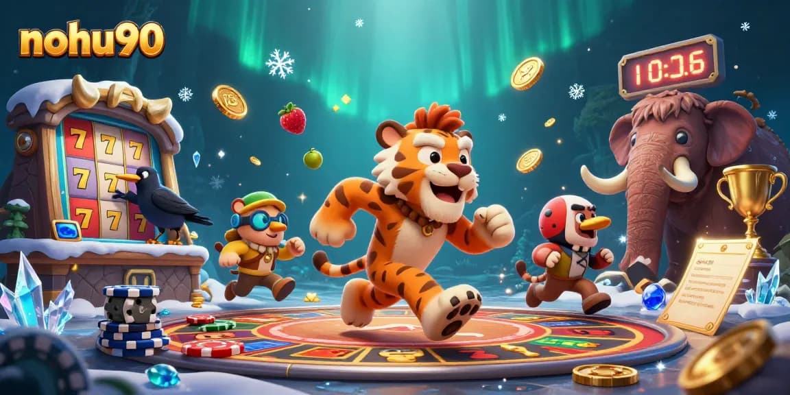 Nohu90 showcases an exciting prehistoric casino adventure with vibrant characters and thrilling slot game elements.