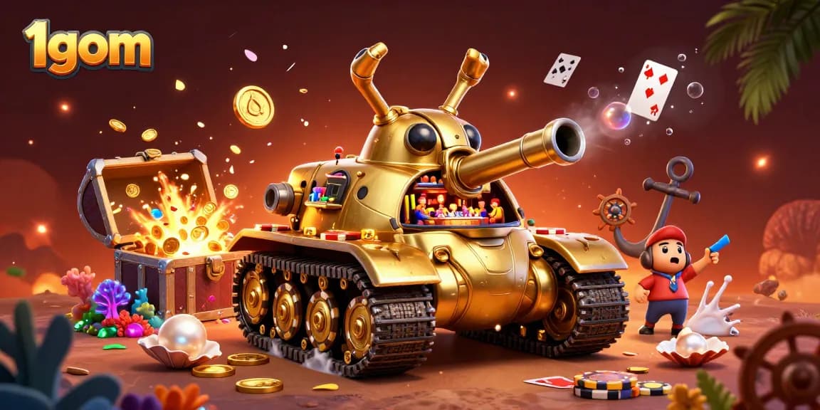 Engage with 1gom's lively casino scene showcasing a golden beetle tank with a casino inside, coins bursting out dynamically.
