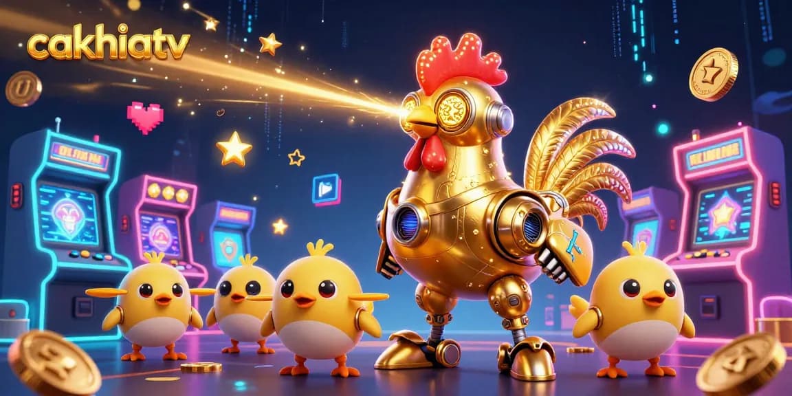 Cakhiatv engages viewers with vibrant betting action featuring a futuristic rooster robot and baby chick drones.