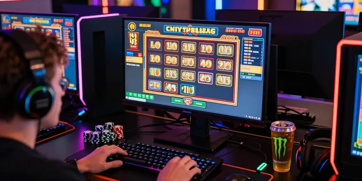 Situs slot deposit 10 ribu vibrant gaming setup with player immersed in thrilling online slot games.