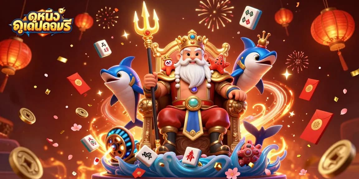 Experience ดูหนังออนไลน์ฟรี with a vibrant 3D illustration featuring Neptune, surrounded by exciting game elements.