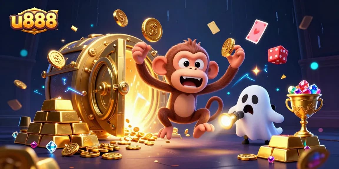 Engage with u888's thrilling gameplay featuring a poltergeist monkey juggles winnings in a haunted casino.