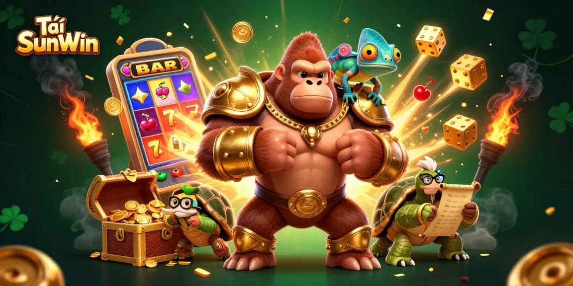 Tải SunWin through this vibrant illustration of winning slots, golden treasures, and dynamic gaming elements.