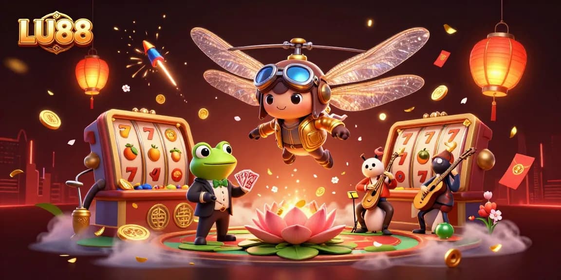 Experience thrilling slots action with LU88 at a vibrant lily pad casino.
