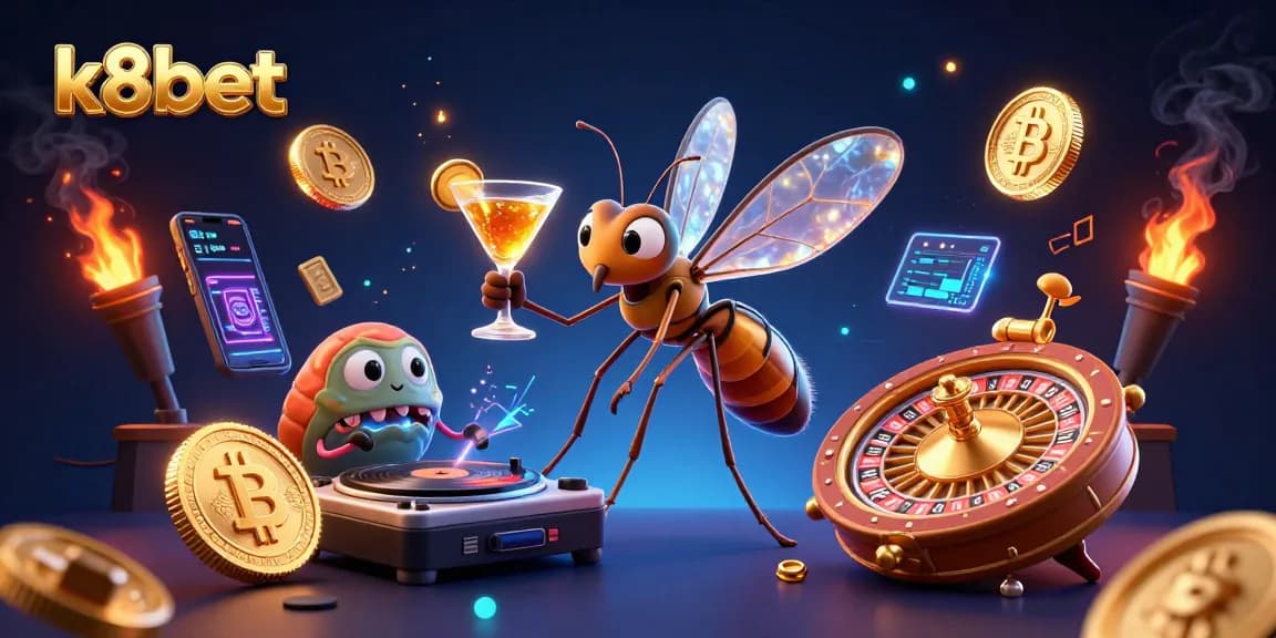 Engage with the vibrant k8bet casino atmosphere, featuring unique characters and glowing crypto elements.