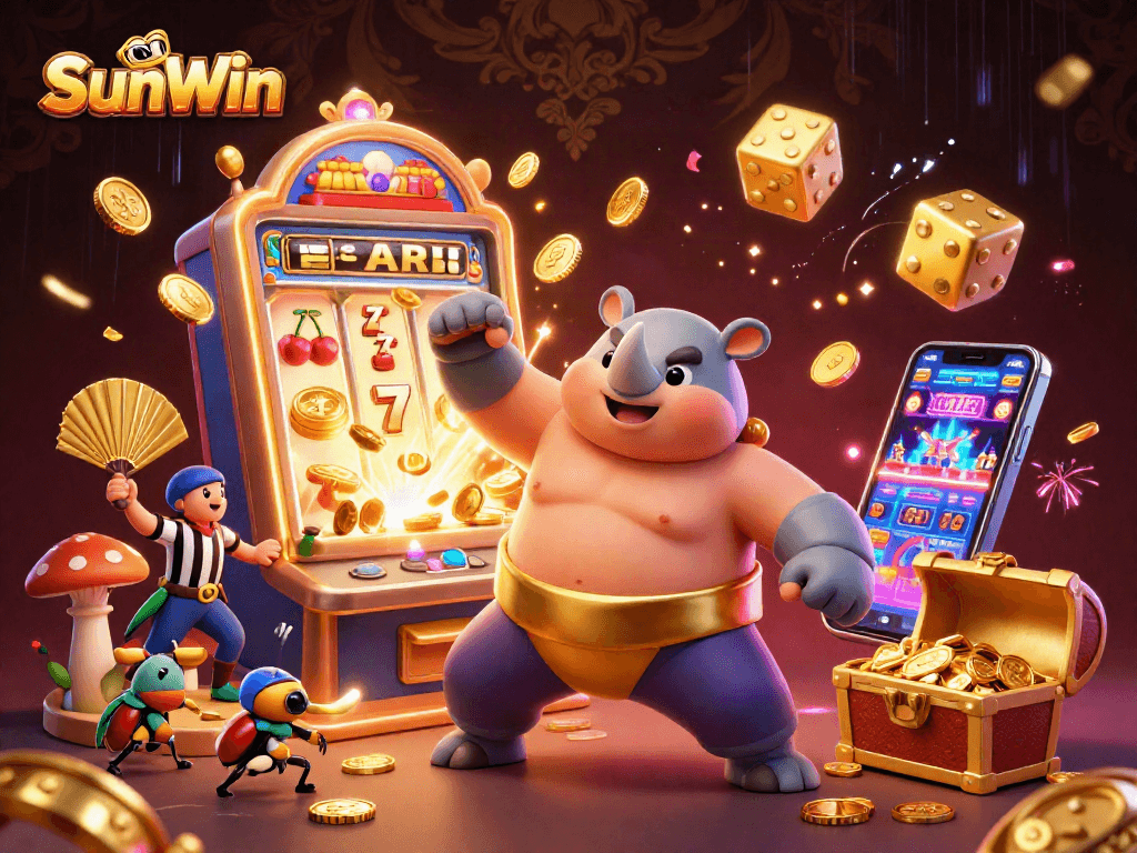 Play exciting games with SunWin's vibrant casino scene, featuring dynamic characters and golden coin action.