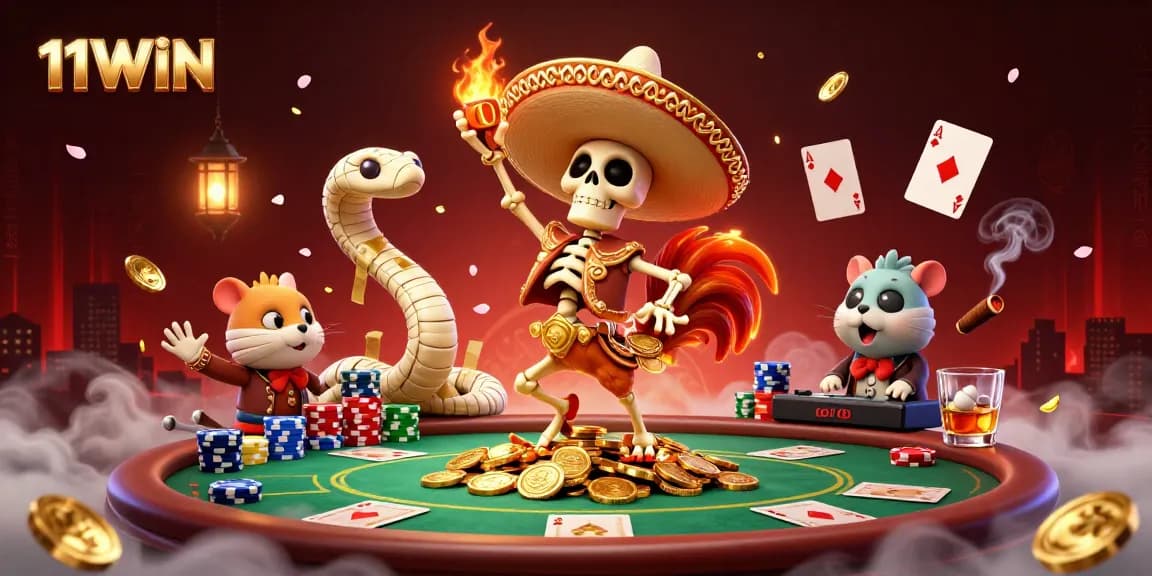 Engage with 11WIN as the mariachi rooster celebrates with golden coins and poker chips in a vibrant casino scene.