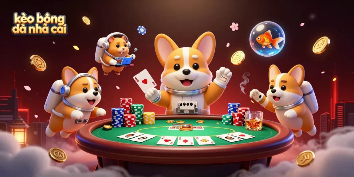 Engage in thrilling action with kèo bóng đá nhà cái as a playful corgi floats in a vibrant casino scene.