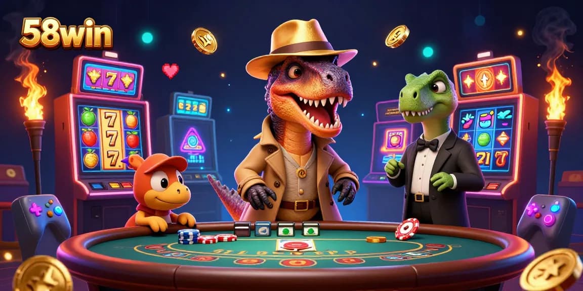 Experience the thrill of 58win as a cartoon velociraptor plays blackjack in a vibrant casino scene.