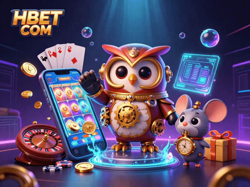 Engage with HBET COM in this vibrant casino world illustration featuring a time-traveling owl and gaming elements.