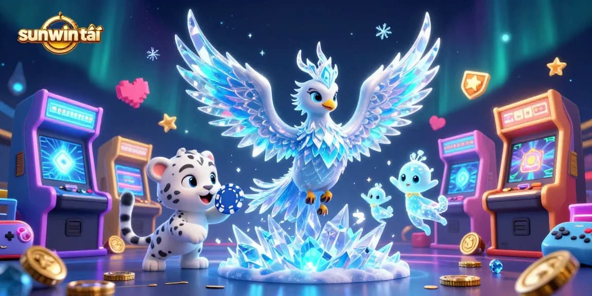 Experience excitement with sunwin tải where an ice phoenix and snow leopard cub celebrate wins in a vivid casino scene.