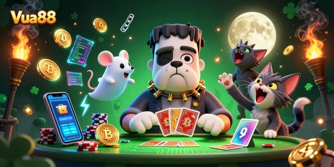 Engage in thrilling gaming at Vua88 with a unique illustration featuring a Frankenstein bulldog dealer and vibrant crypto elements.
