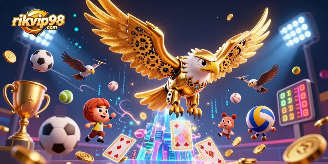 Engage in gameplay at rikvip98 com with a dynamic scene of a golden eagle amidst sports elements.