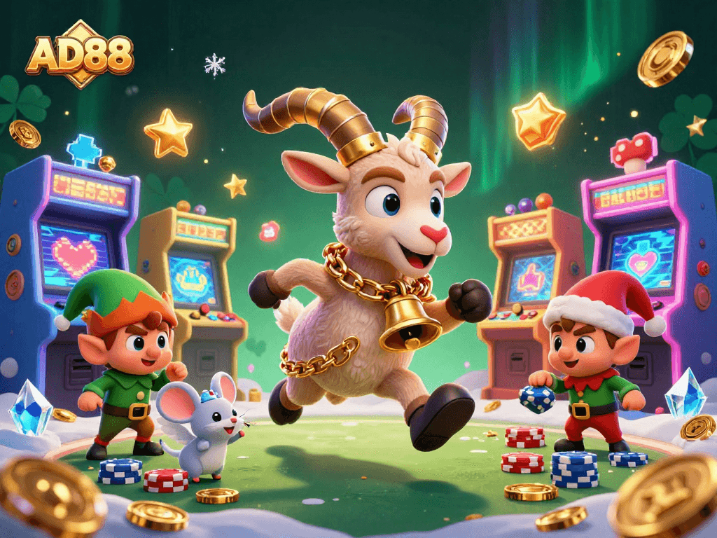 Win big at AD88 with cartoon Krampus running a festive holiday casino in a whimsical scene.