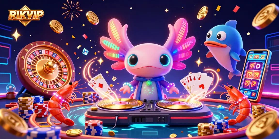 RIKVIP showcases vibrant casino energy with a neon axolotl DJ and dynamic game elements.