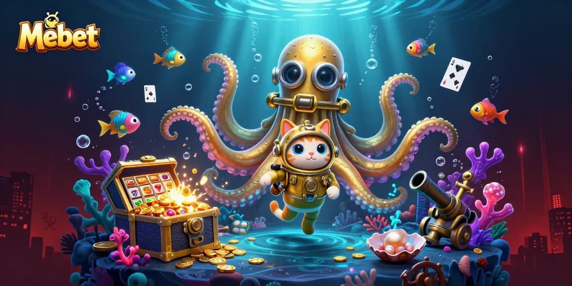 Mebet thriving in a vibrant casino scene, a kraken reveals treasures among slot machines and colorful gems.