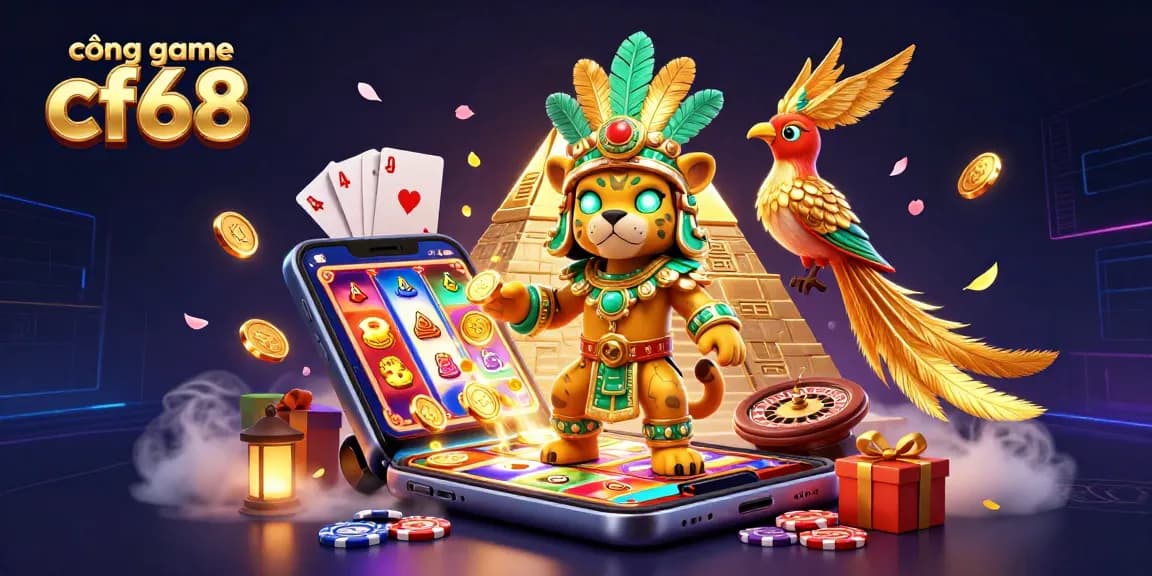 Engage with cổng game cf68, featuring vibrant Mayan themes, slot games, and lively casino elements.