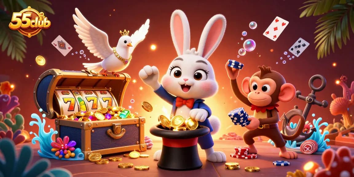 Experience the excitement of 55club with a magician rabbit and slot elements illustrated in 3D.