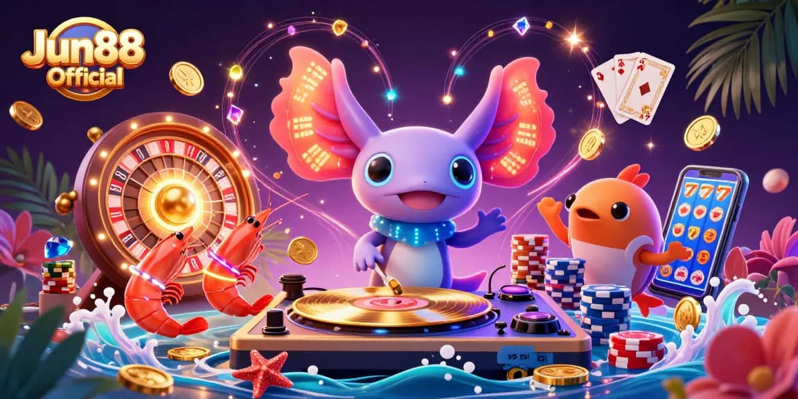 Engage with Jun88 Official as a vibrant casino illustration captures a lively underwater scene with a DJ and party atmosphere.
